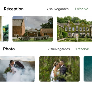 Images de lieux de réception prêts à célébrer un mariage et photos de couples le jour de leur mariage.