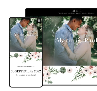 Image illustrant le site de mariage, thème floral : version bureau et mobile.