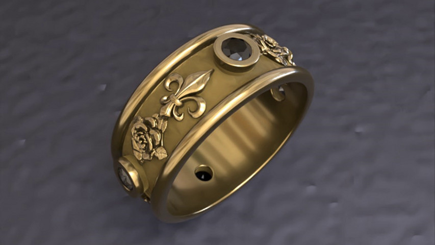 Alliance rose fleur de lys or jaune diamants 